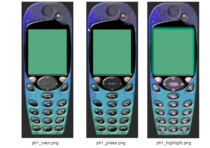 Examples of emulated devices in key press states: neutral, press, highlighted.