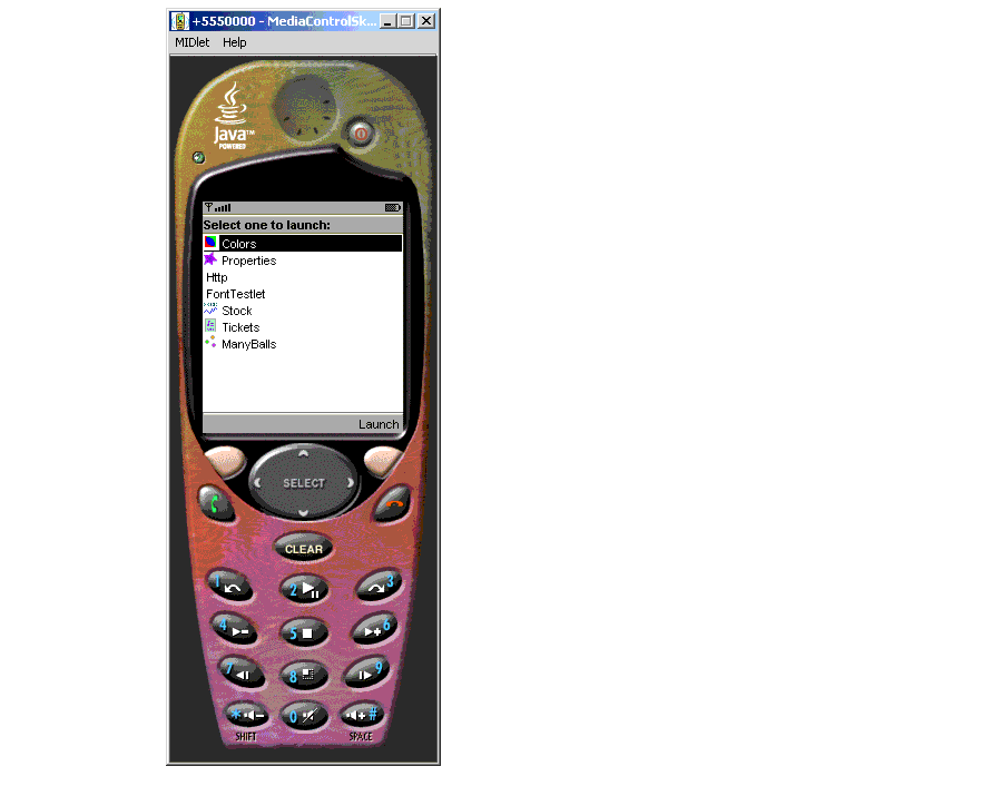 Display of MediaControlSkin showing keypad with audio and video playback controls.