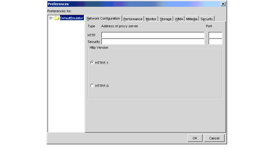 Preferences dialog box for Default Emulator showing Network Configuration tab.