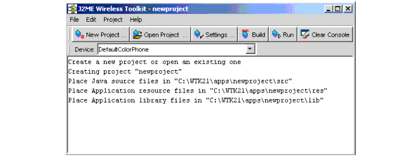 Project creation output statements in KToolBar main window.