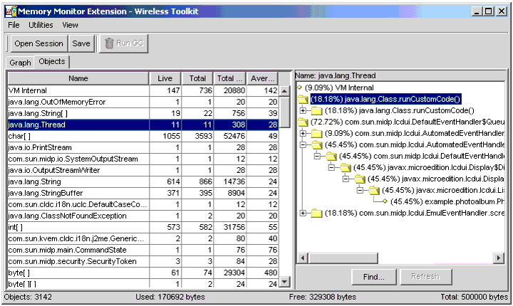 Memory Monitor window, Objects view, close-up of Objects table.