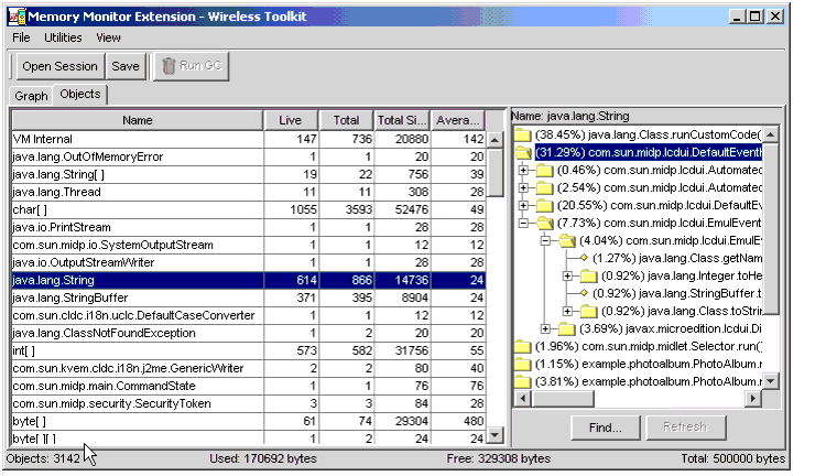 Memory Monitor window, Objects view.