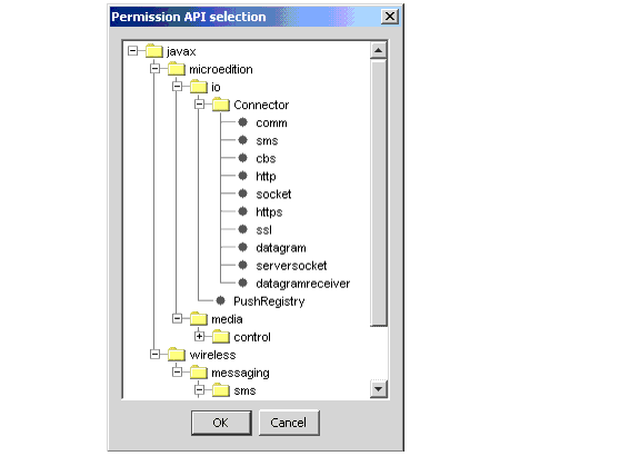 Example of Permissions Selections dialog box showing list of javax.microedition.io APIs.