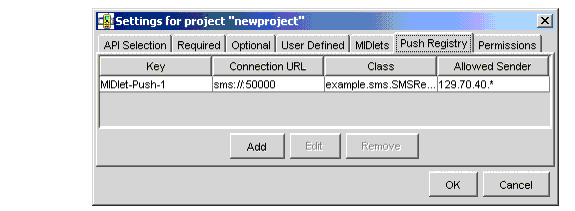 Display of push registration in Project Settings dialog box.