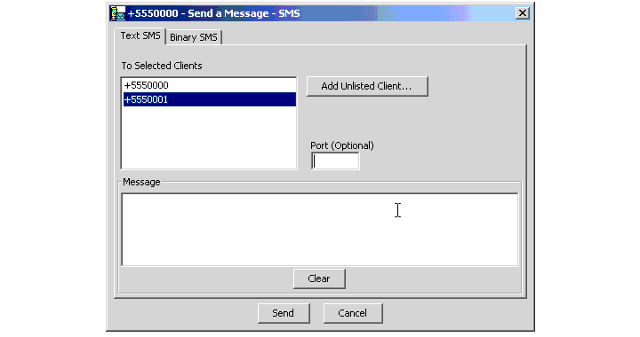 Send SMS dialog box displaying list of clients.