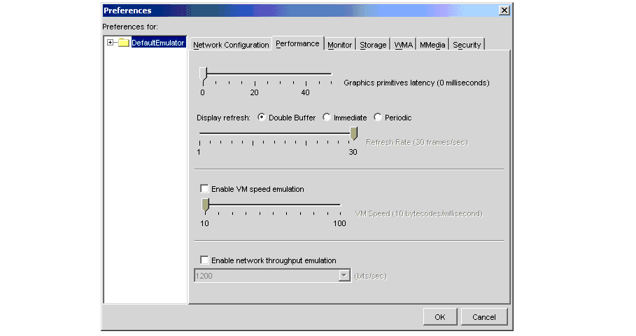 Preferences dialog box for Default Emulator showing Performances tab.
