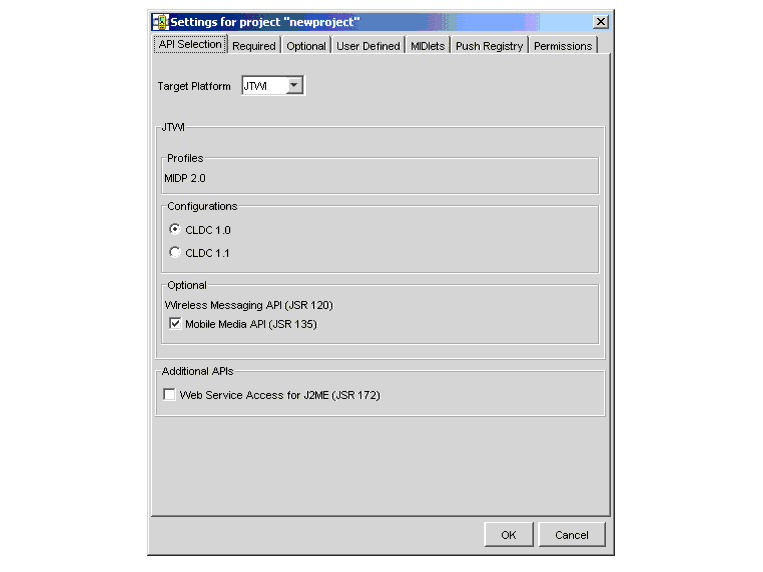 Project Settings dialog with API Selection tab and JTWI target platform selected