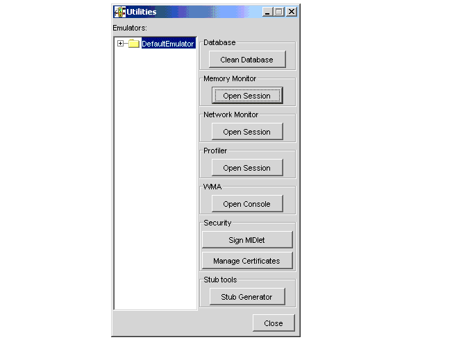 Default Emulator Utilities window.