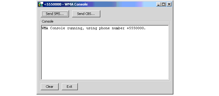 WMA console window displaying current default phone number, 5550000 being used.